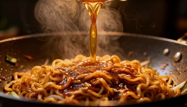 mie goreng sauce cascade poured over wok fried noodles
