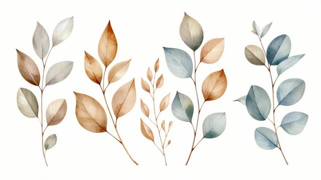 Watercolor branches with delicate leaves in autumnal and cool blue tones