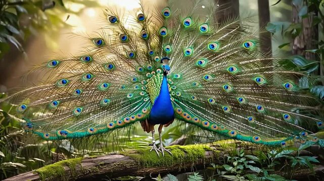 Vibrant male peacock displaying iridescent feathers in lush green forest setting
