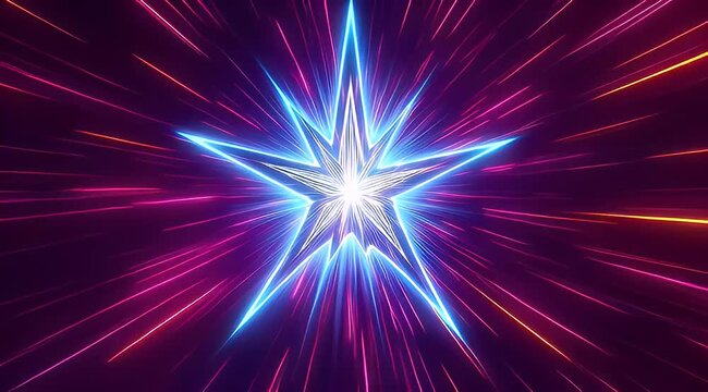 Glowing neon star burst with cosmic light rays, vibrant retro synthwave star animation, futuristic blue and purple energy explosion background