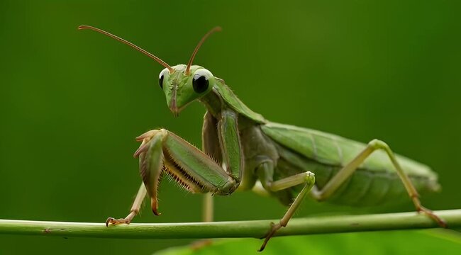 Praying mantis on a green branch, macro shot of a green mantis insect in nature, predatory mantis religiosa in a lush garden environment