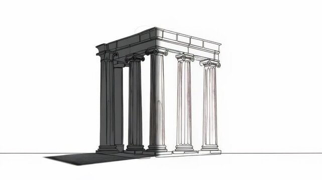 Ancient Ionic architectural columns with shadows, hand-drawn artistic style