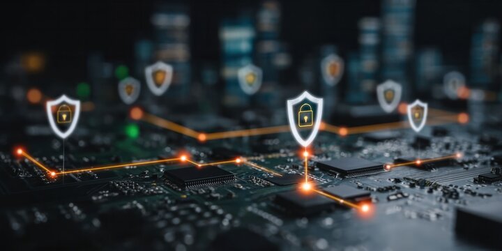 Cyber security shields above circuit board showing protected hardware network resilience and embedded system defense