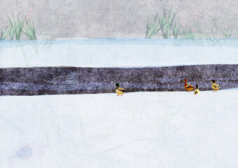 Ilustracja, grafika, małe kaczki zimową porą nad brzegiem rzeki, tekstura, jasne pastelowe kolory. © Monika