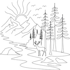 Obraz premium serene forest landscape with deer and mountain range vector illustration