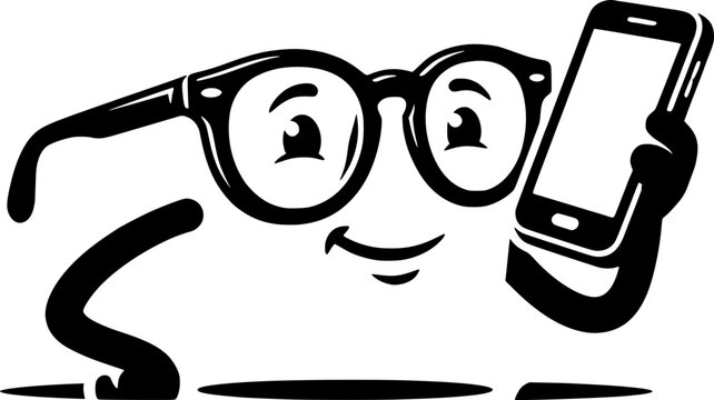 Funny cartoon character of eyeglasses holding a smartphone. Retro black and white mascot in rubber hose style representing smart technology and vision.