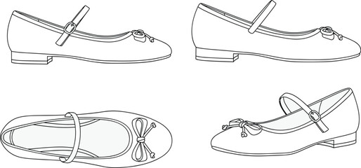 Mary Jane shoe multi-view technical line drawing illustration featuring strap buckle bow rounded toe low heel flat vector illustration