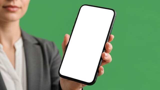 Businesswoman holding blank smartphone screen.