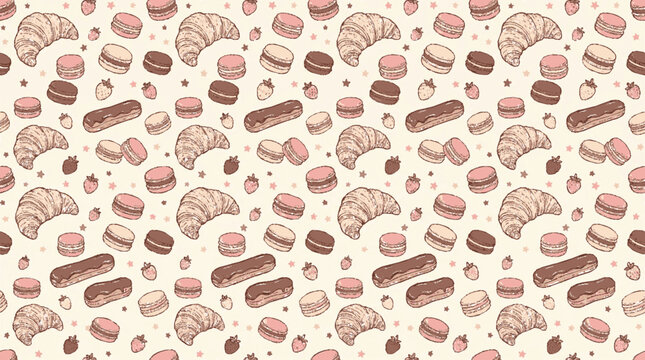 French patisserie vector seamless pattern featuring croissants macarons and assorted pastries on cream background