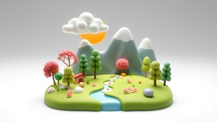 Fototapeta premium Playful Miniature World with Clay Mountains, River, Green Hills, and Colorful Trees