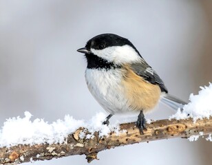 Obraz premium Perched chickadee bird on a snow-covered branch, winter background