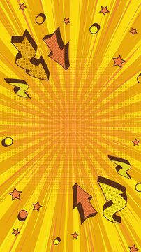 Vibrant yellow comic book background with radial lines, stars, and arrows