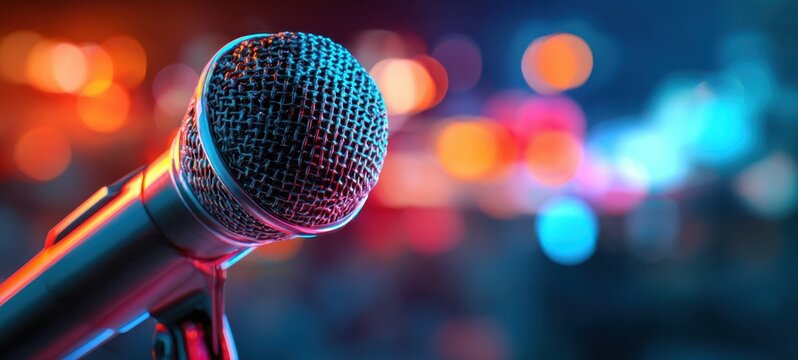 The Microphone on Stage in Close-Up with Colorful Bokeh Lights Background