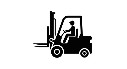 Minimalist flat vector illustration of a forklift truck icon with a driver.