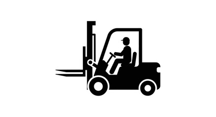 Minimalist flat vector illustration of a forklift truck icon with a driver.