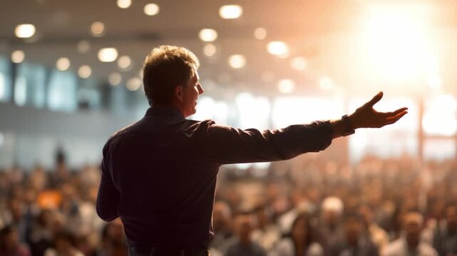 Inspiring Speech: A speaker captivating an audience with a dynamic presentation, utilizing hand gestures to amplify his message. His form captures the essence of communication, persuasion.