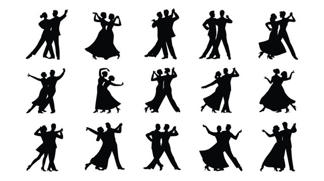 Collection of black silhouette couples dancing in various ballroom styles on white background