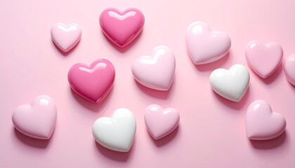 Fototapeta premium Pink and white heart-shaped objects scattered on pink background