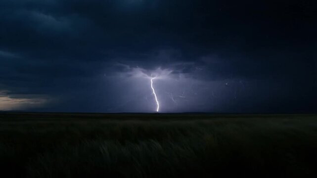 Lightning Strikes Dark Stormy Landscape.