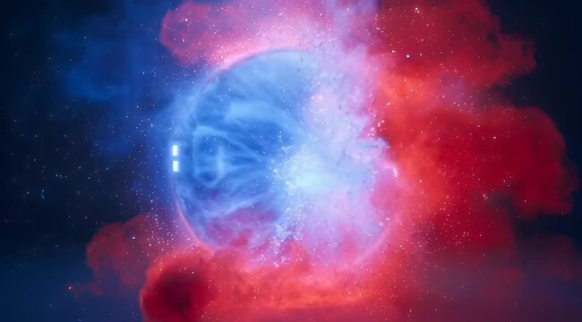 Cinematic cosmic explosion with red and blue nebula clouds, abstract energy sphere in deep space, glowing celestial supernova background