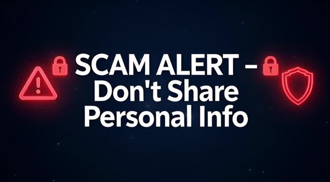 Urgent scam alert message reminding individuals to never share sensitive personal information online.