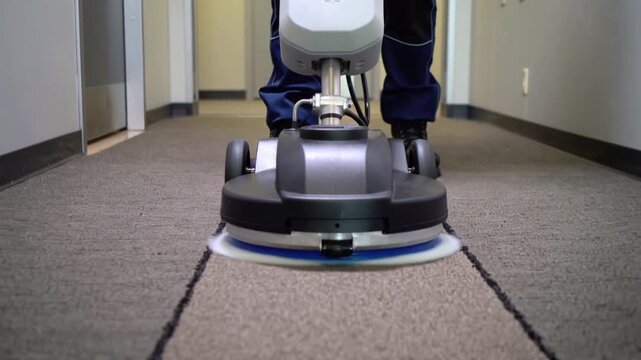 Floor polishing machine cleaning hallway with automatic scrubber pad and rotating motion for spotless commercial maintenance and hygiene