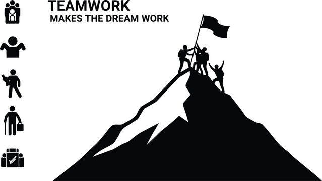 Teamwork makes the dream work concept with mountain climbers and icons