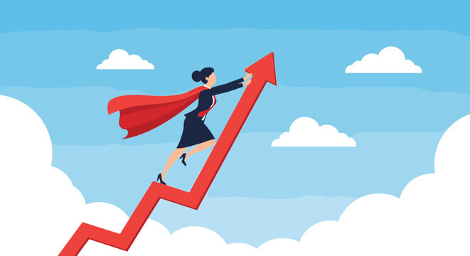 Empowered businesswoman wearing a red cape and flying upwards while pushing a success arrow through the clouds in a bright blue sky.