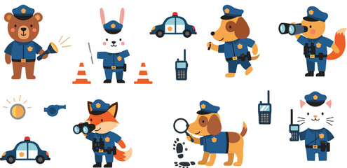 Set of cute animal police officers, cartoon characters of bear, rabbit, dog and cat in police uniform with patrol car and walkie talkie, vector illustration isolated on white background © MdSoleman