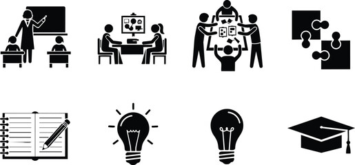 Naklejka premium Education learning icons set with people teaching studying and graduation cap