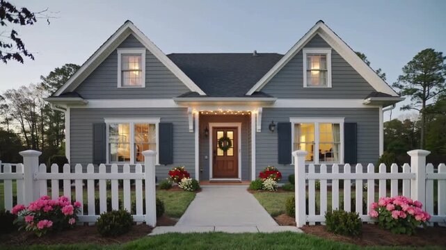 House suburban exterior with white picket fence, colorful front door, landscaped flower beds, and clear blue sky in a calm neighborhood street scene