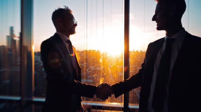 Silhouette d'une poign&eacute;e de main d'affaires au coucher du soleil dans un bureau moderne avec vue sur l'horizon de la ville et fen&ecirc;tres en verre
