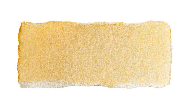 Isolated blank textured paper snippet with torn edges and a vibrant yellow watercolor wash.