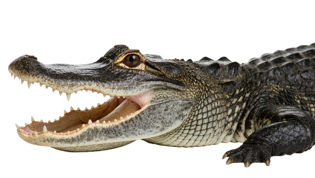 Isolated American alligator with gaping mouth showing pointed teeth, side view, natural.
