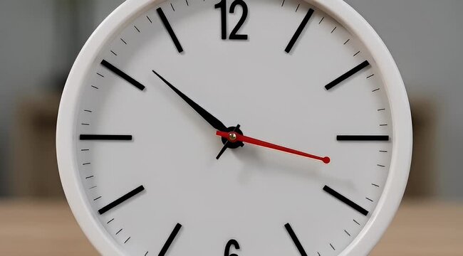 Minimalist white analog clock with fast moving hands, timelapse of ticking wall clock, concept of time passing and deadline pressure