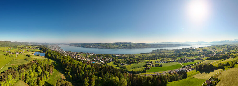 Aerial panorama of Lake Zurich, with views of Horgen Bergweiher and the Au Peninsula