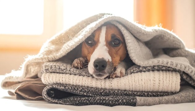 A dog peeking from under a stack of blankets