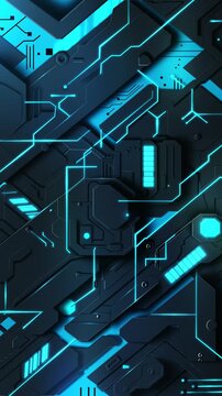 Futuristic circuit board glowing with blue lights on dark background