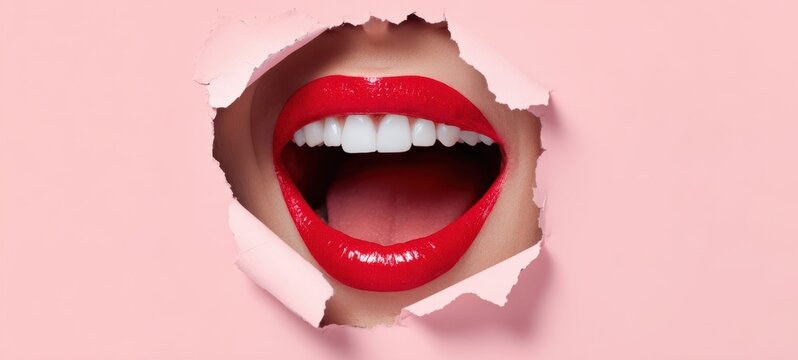 The Mouth Breaking Through Pink Paper Showing Red Lipstick and White Teeth