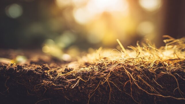 Close-up view of rich loamy soil teeming with tiny roots and organic matter under warm sunlight