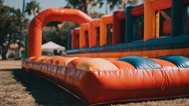Vibrant inflatable obstacle course bouncy castle set up for outdoor children's fun and games