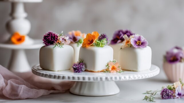 Delicate heart-shaped petit fours artfully frosted and adorned with fresh edible flowers presented on a tiered cake stand.