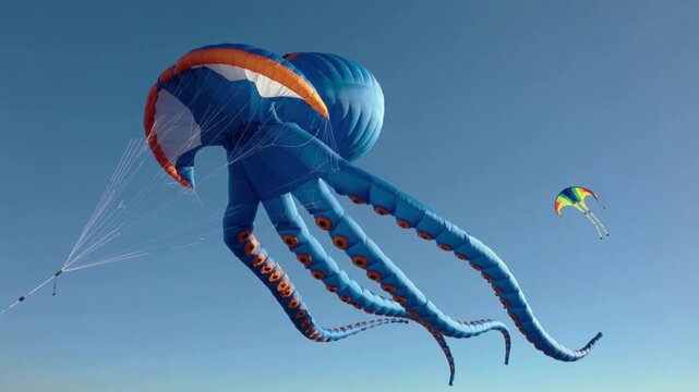 Kite octopus colorful with long tentacles flying in the sky at a festival event with vibrant colors and dynamic design