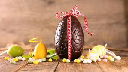 Naklejka premium chocolate easter egg with red ribbon