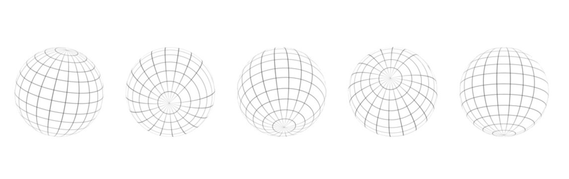 Globe grid spheres. Striped 3D spheres, geometry globe grid, Striped 3D orbs, Earth longitude and latitude line wireframe spheres, Earth globe hemispheres set. Geometry globe grid,