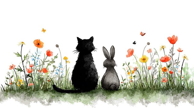 black cat and rabbit on the grass