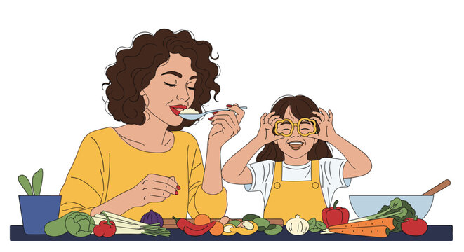 Mother and daughter having fun in the kitchen while tasting food and playing with vegetable slices like glasses when cooking.