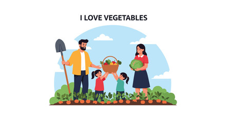 Fototapeta premium Happy family of four working together in a garden to harvest fresh vegetables and placing them into a large wicker basket.