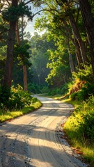 Obraz premium A serene dirt road winds through a sun-dappled forest