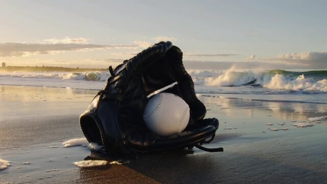 Gloved hands holding a white Easter egg near the beach shoreline at sunrise, gentle daylight and reflective water for a calm spring holiday moment
